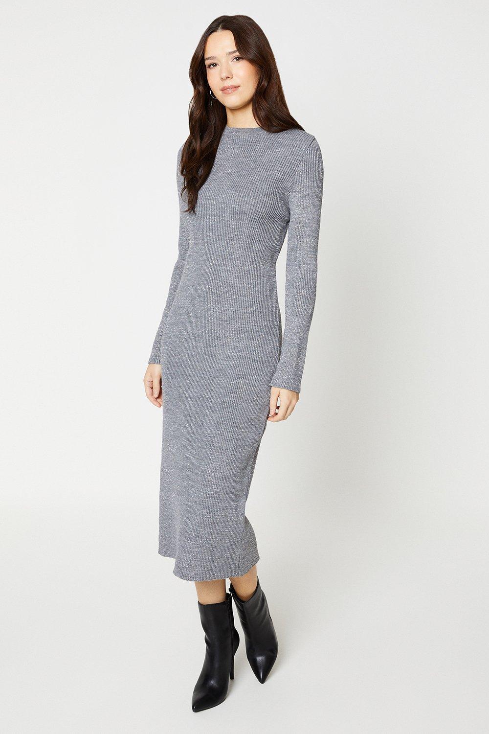 Women’s Glitter Ribbed Midaxi Knitted Dress - mid grey - XL